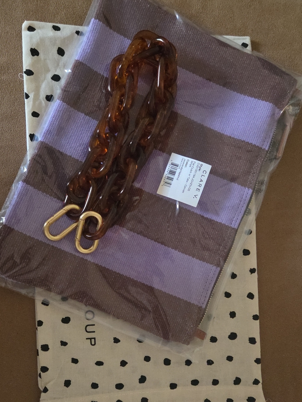 Clare V Striped Brown and Lavender Flat Clutch with Tortoiseshell Chain Strap